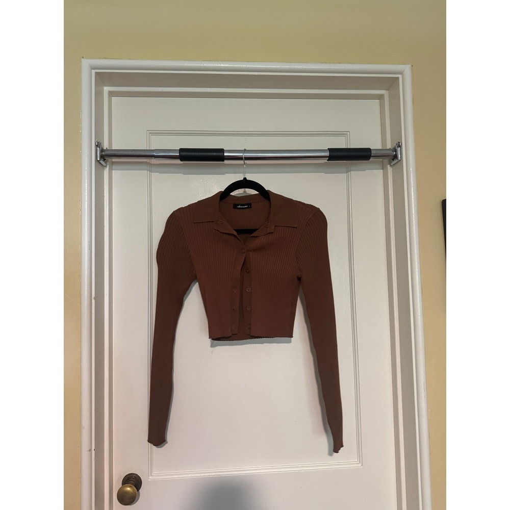 Olivaceous Brown Ribbed Knit Cropped Cardigan Long Sleeve Top Size L‎ - Picture 2 of 3